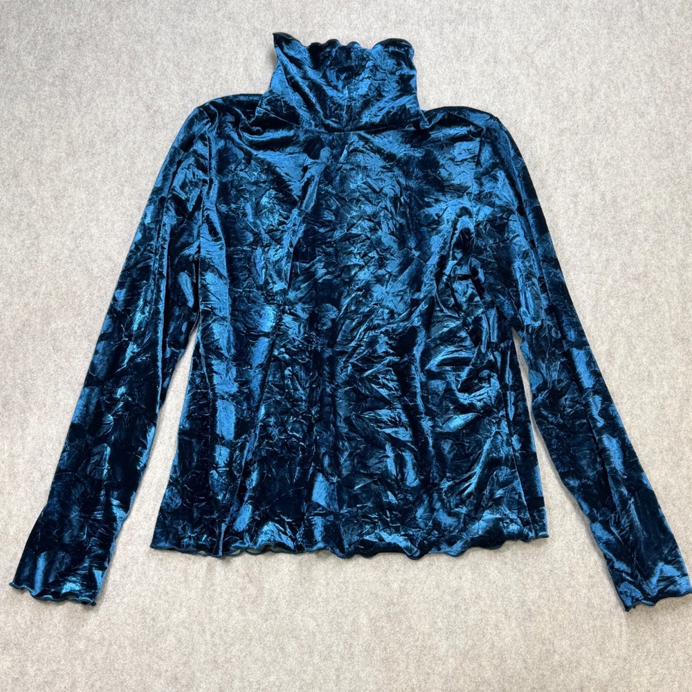 Whimsigoth Sno Skins Turtleneck Top Women XL Teal Blue Velvet Y2K Indie Goth USA